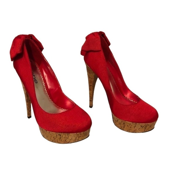 Bebe Stiletto High Heels Kahilia Ruby Red Size 8 Platform Cork Bow Formal - Picture 1 of 16